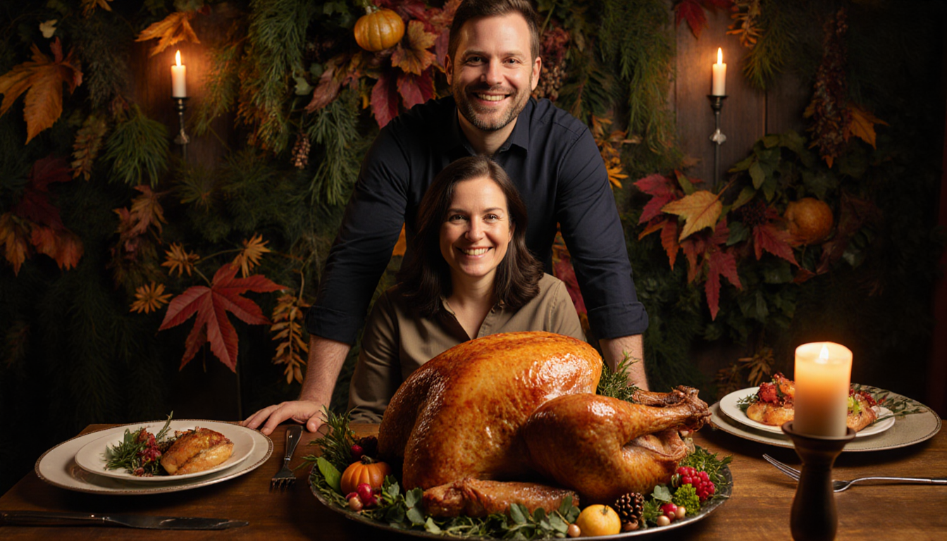 Vicki Johnson sits at a table with a golden turkey centerpiece and Jeff Strauss smiling beside her in an autumn celebration