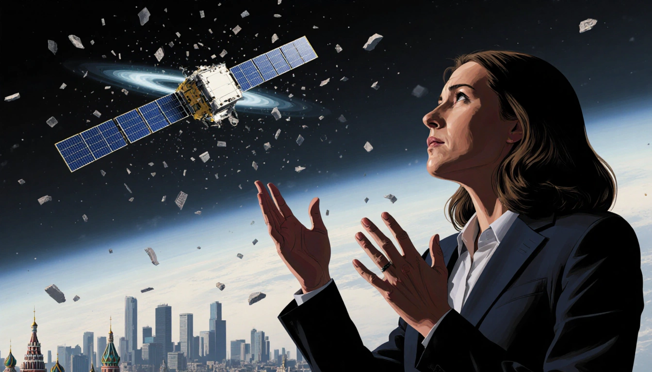 Victoria Samson gesturing dismissively with a satellite surrounded by debris and a faint Moscow skyline in background.