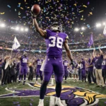 Vikings player lifts football with cheering crowd and confetti in stadium lights.