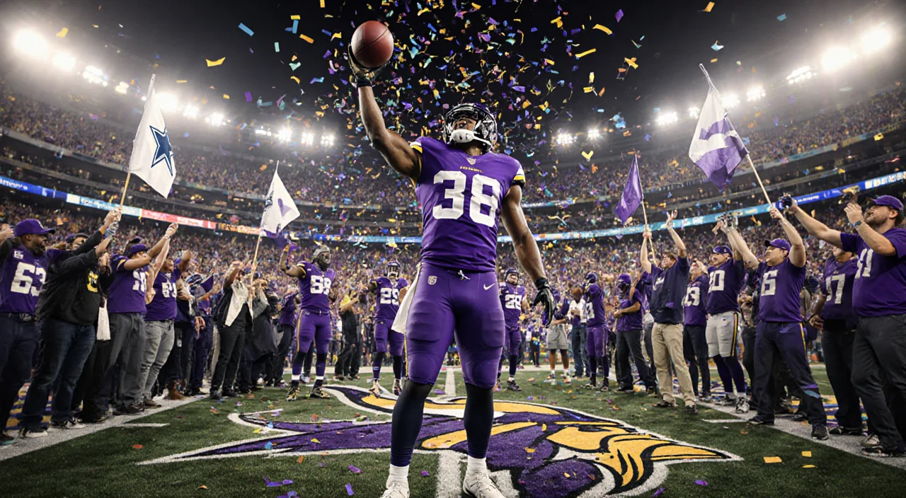 Vikings player lifts football with cheering crowd and confetti in stadium lights.