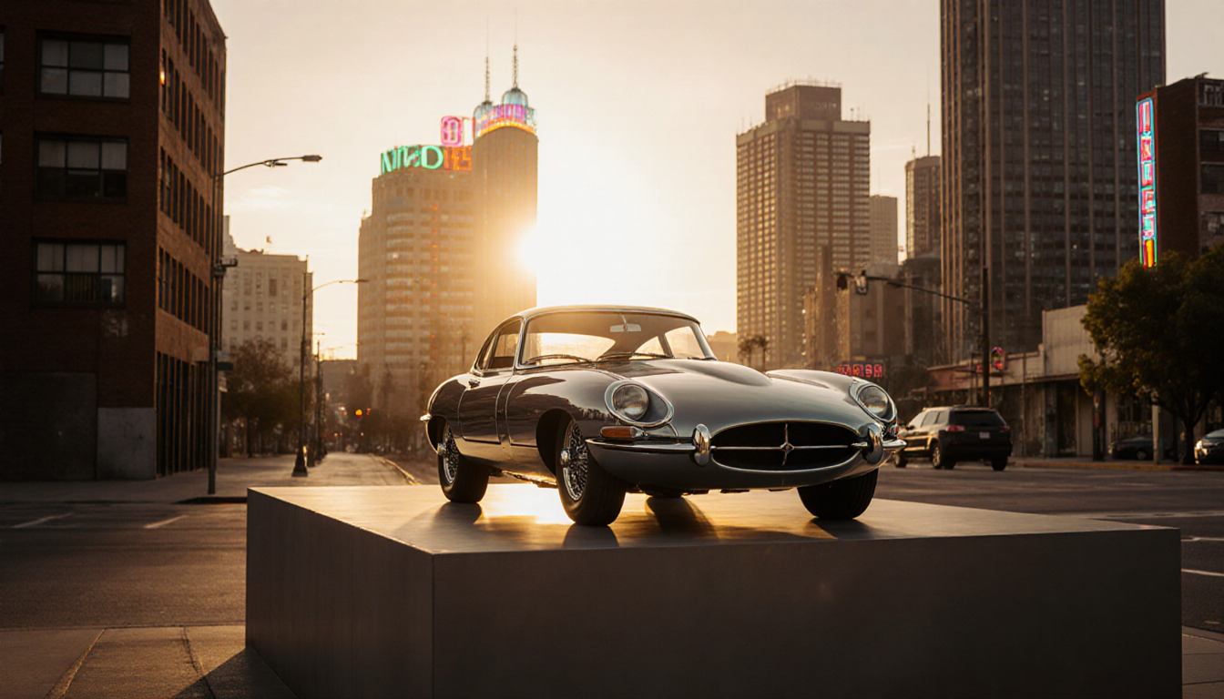 Vintage car gleaming on pedestal with golden sunset glow and neon skyscrapers in background