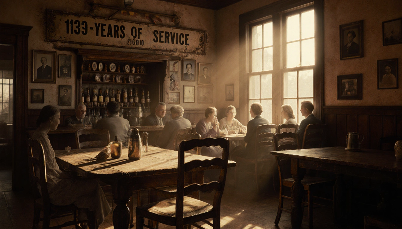 Family members sharing gratitude around a worn wooden table in a vintage dining room with golden light pouring in