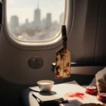 Luggage tag dangling from seat with a red stain and travel documents and a cityscape window