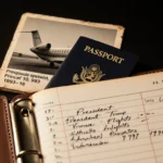 Vintage passport shows faded photo of a private jet with logo and registration and a leather folder with flight logs near