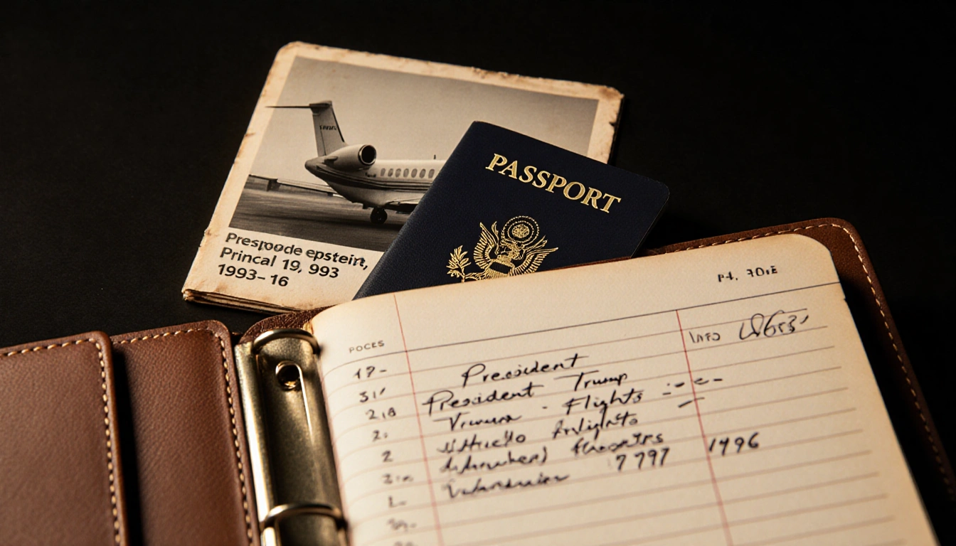 Vintage passport shows faded photo of a private jet with logo and registration and a leather folder with flight logs near