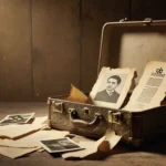 Vintage suitcase opening to reveal Jewish symbols, yellowed letters and a torn Torah fragment with a Nazi portrait in light.
