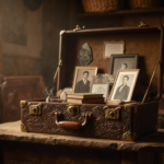 Vintage suitcase opening to reveal books with golden light and warm wooden table in community center
