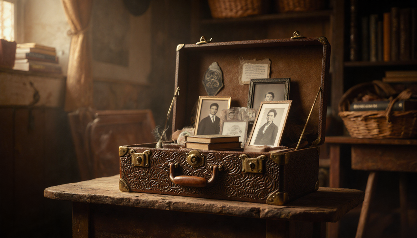 Vintage suitcase opening to reveal books with golden light and warm wooden table in community center