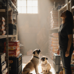 Volunteer looks up at dogs in shelter with hope and compassion amid warm light and stacked food crates