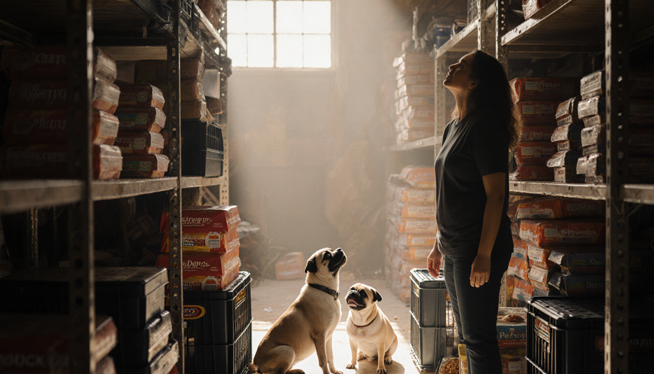 Volunteer looks up at dogs in shelter with hope and compassion amid warm light and stacked food crates