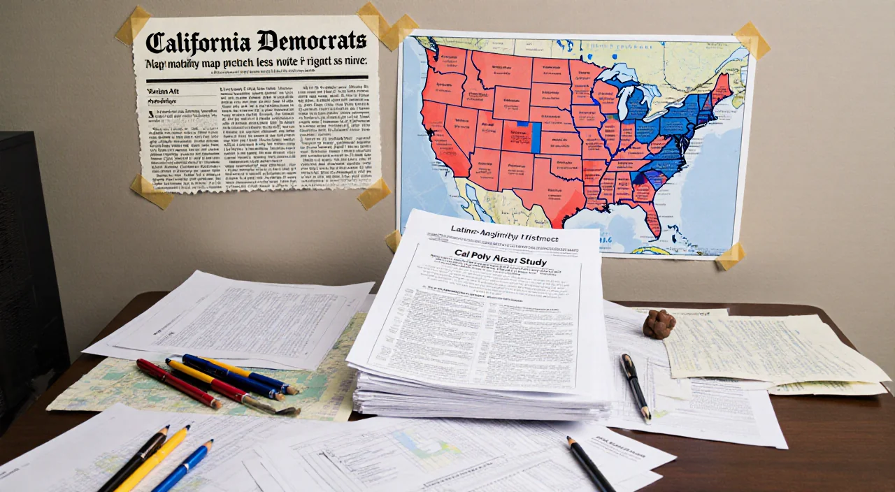 Mapmaker's desk displays maps with red Latino and blue Black district lines of VRA and taped news clipping tension.