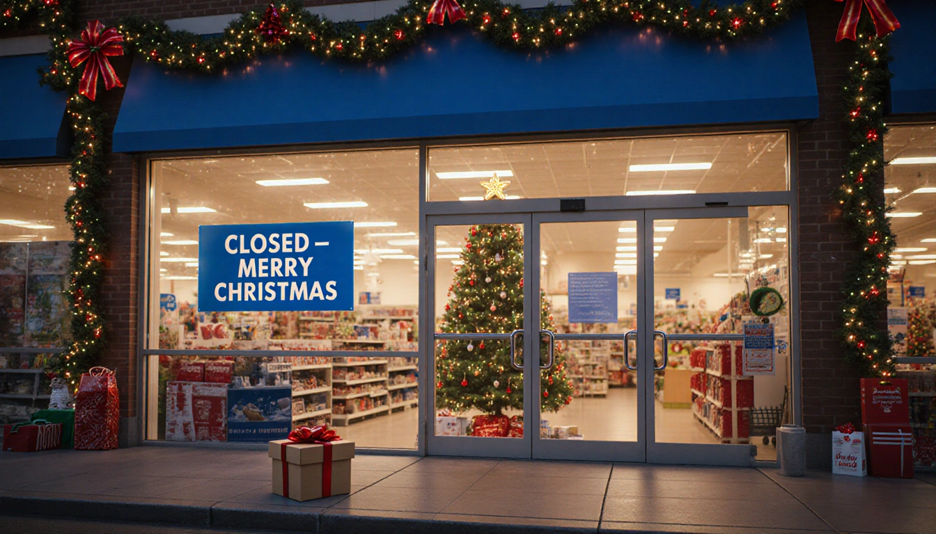 Walmart storefront shows a Christmas tree in window with a Closed - Merry Christmas sign above the doors and a gift box on cu