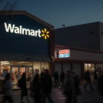 Shoppers hurry through street with bright Walmart sign and looming Costco warehouse.