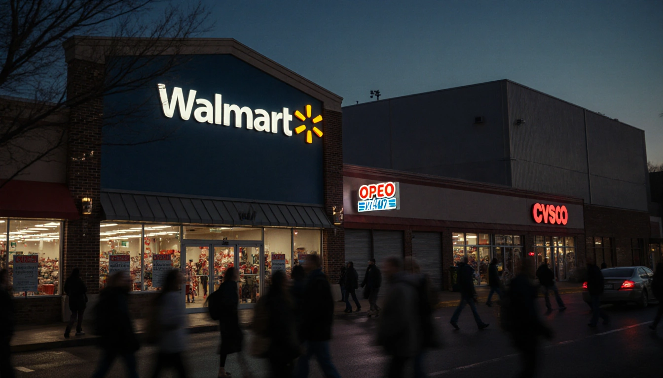 Shoppers hurry through street with bright Walmart sign and looming Costco warehouse.