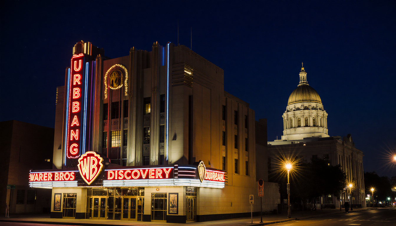 Warner Bros. Discovery building glowing with neon lights and Burbank City Hall in background