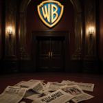 Warner Bros. lobby exudes nostalgia with warm glow and scattered newspapers.