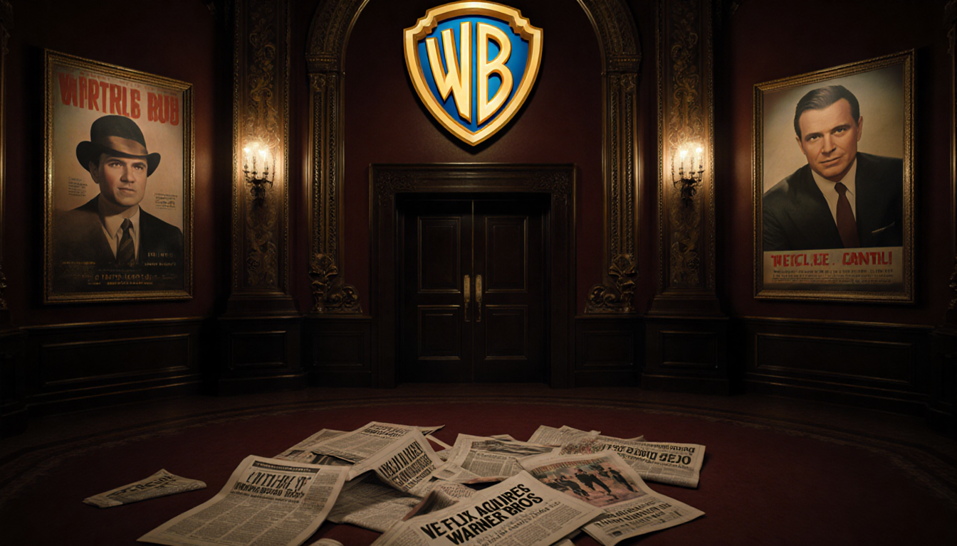 Warner Bros. lobby exudes nostalgia with warm glow and scattered newspapers.