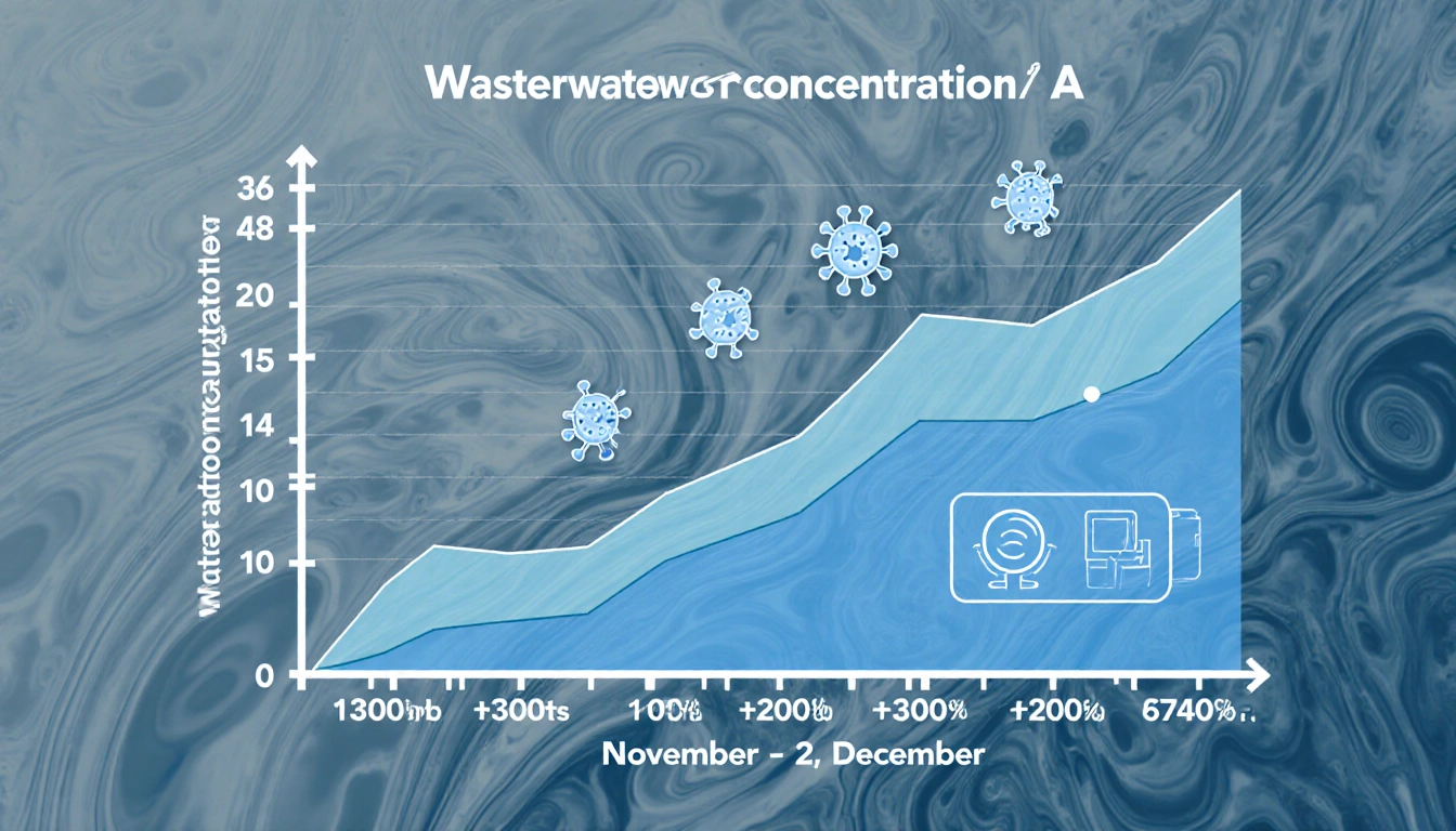 Graph depicts a 390 percent rise in influenza wastewater data with blue swirly background and small flu icons.