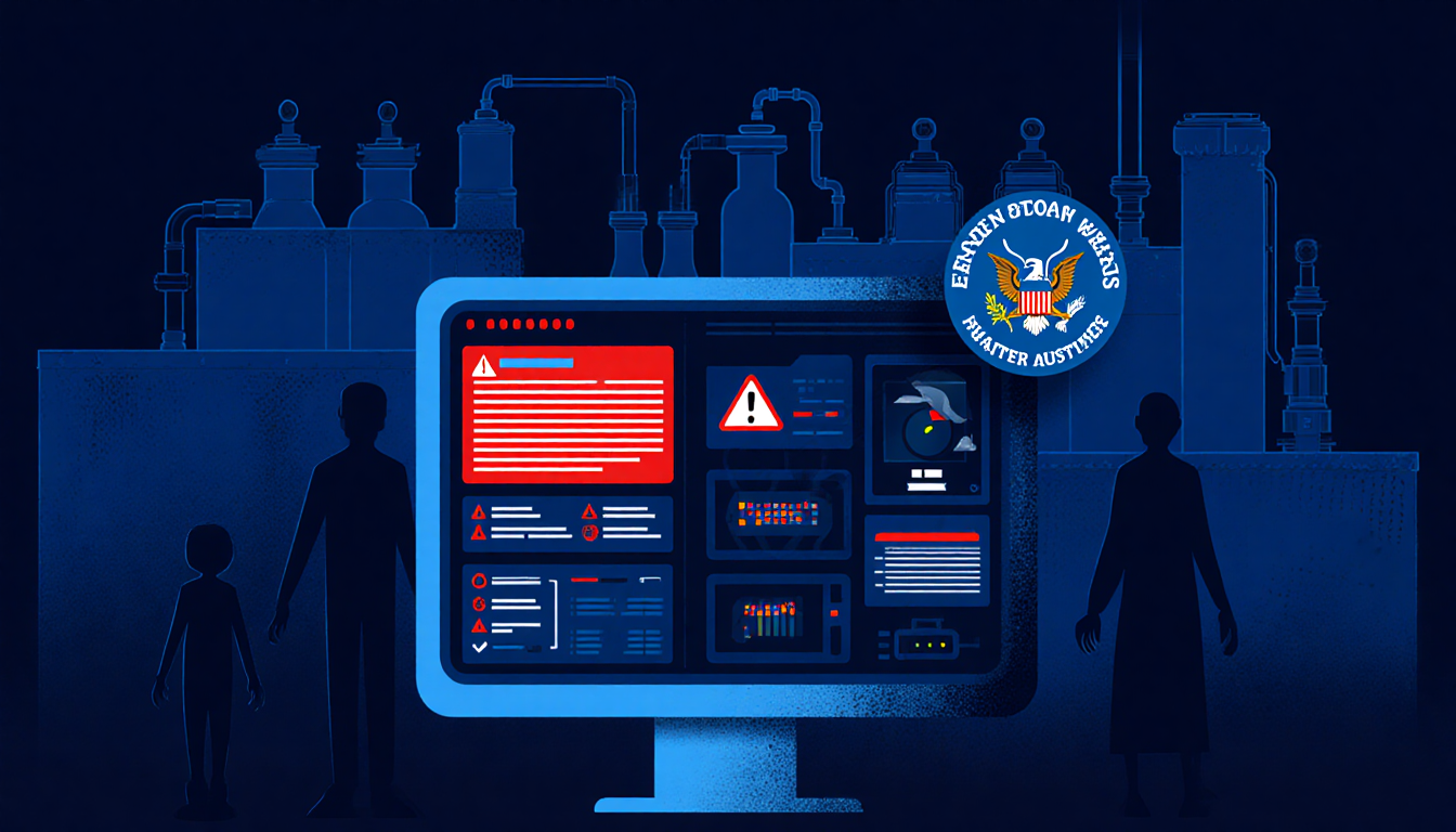 Computer screen showing water treatment control panel with red alerts and EPA logo and shadowy silhouettes in background