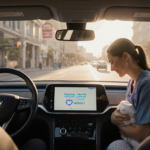 Woman delivering baby inside a Waymo car on a San Francisco street with medical staff nearby