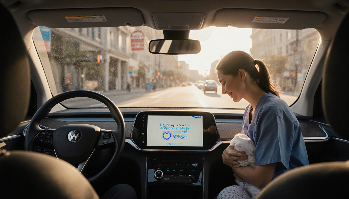 Woman delivering baby inside a Waymo car on a San Francisco street with medical staff nearby
