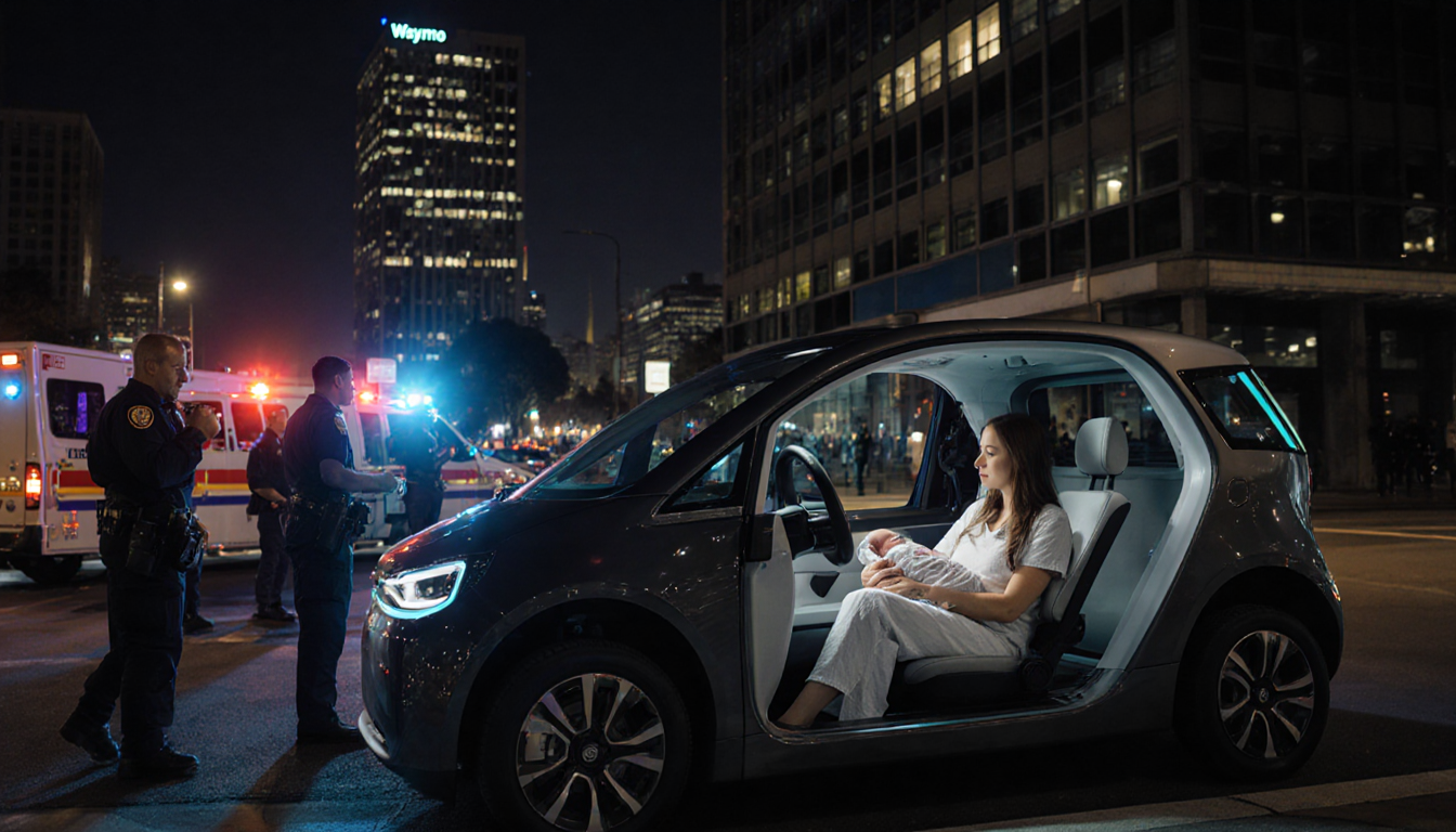 Woman sits calmly inside Waymo vehicle with newborn baby and emergency responders near a hospital