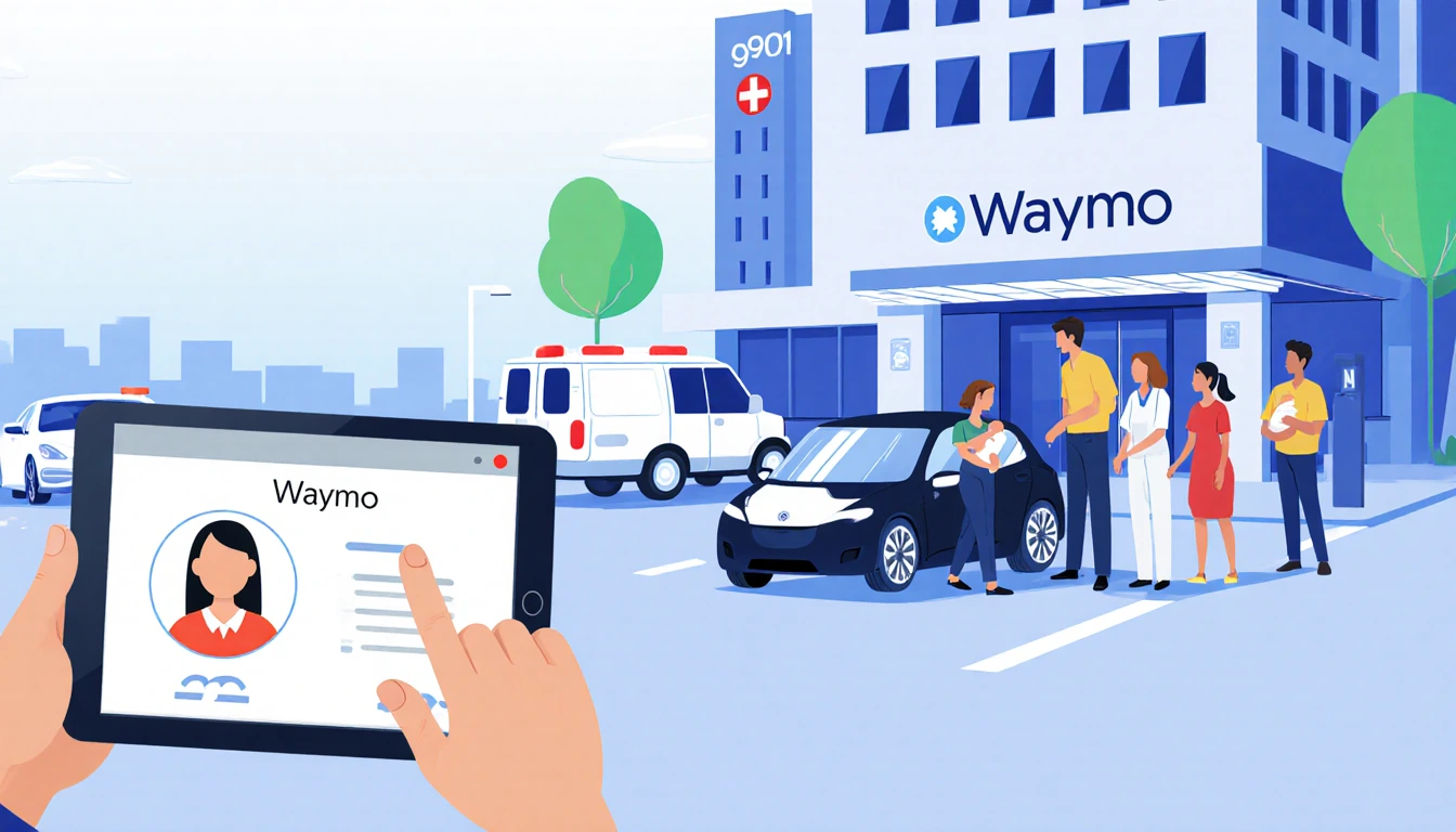 Waymo vehicle stops at UCSF entrance with mother holding newborn and tablet screen showing call