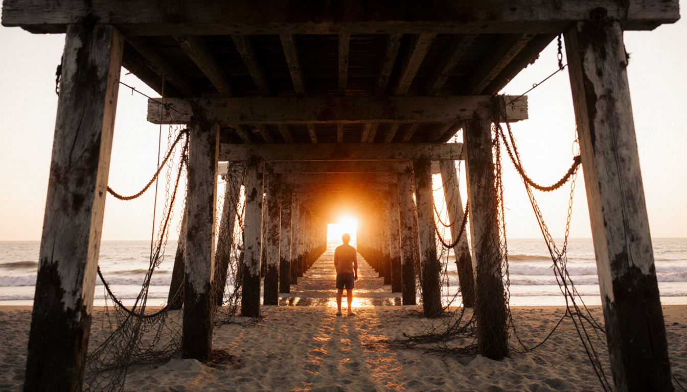 Beachgoer standing on pier at dusk with warm orange glow and weathered wooden slats and tangled cables
