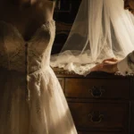 Miles placing a lace wedding dress back on a vintage chest with warm golden light and a veil in the background