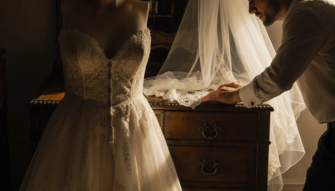 Miles placing a lace wedding dress back on a vintage chest with warm golden light and a veil in the background
