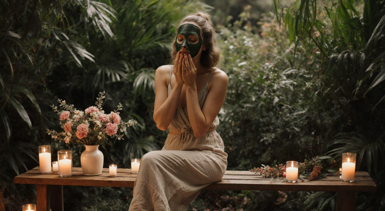 Woman sitting on bench holding a face mask with candles and fresh flowers in a wellness retreat.