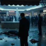 Bystander watches injured man on wet mall floor with rain‑slick awning and security guards nearby