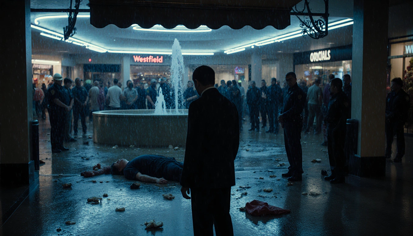 Bystander watches injured man on wet mall floor with rain‑slick awning and security guards nearby