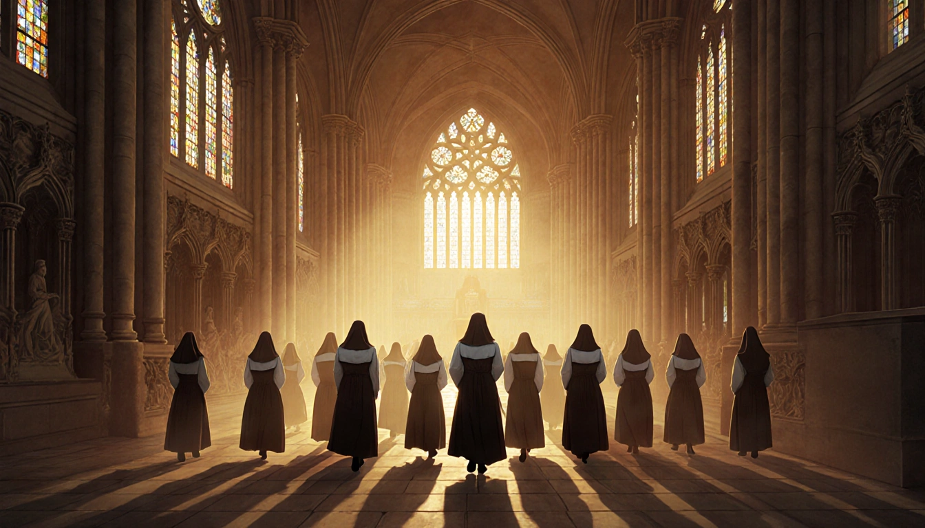 Pilgrims walking in unison with faces turned toward a distant golden light at the abbey altar and faded stained glass.