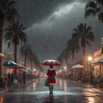 Shopper standing under umbrella with rain-soaked palm trees and festive holiday lights in wet SoCal street.