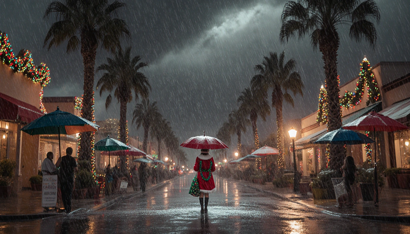Shopper standing under umbrella with rain-soaked palm trees and festive holiday lights in wet SoCal street.