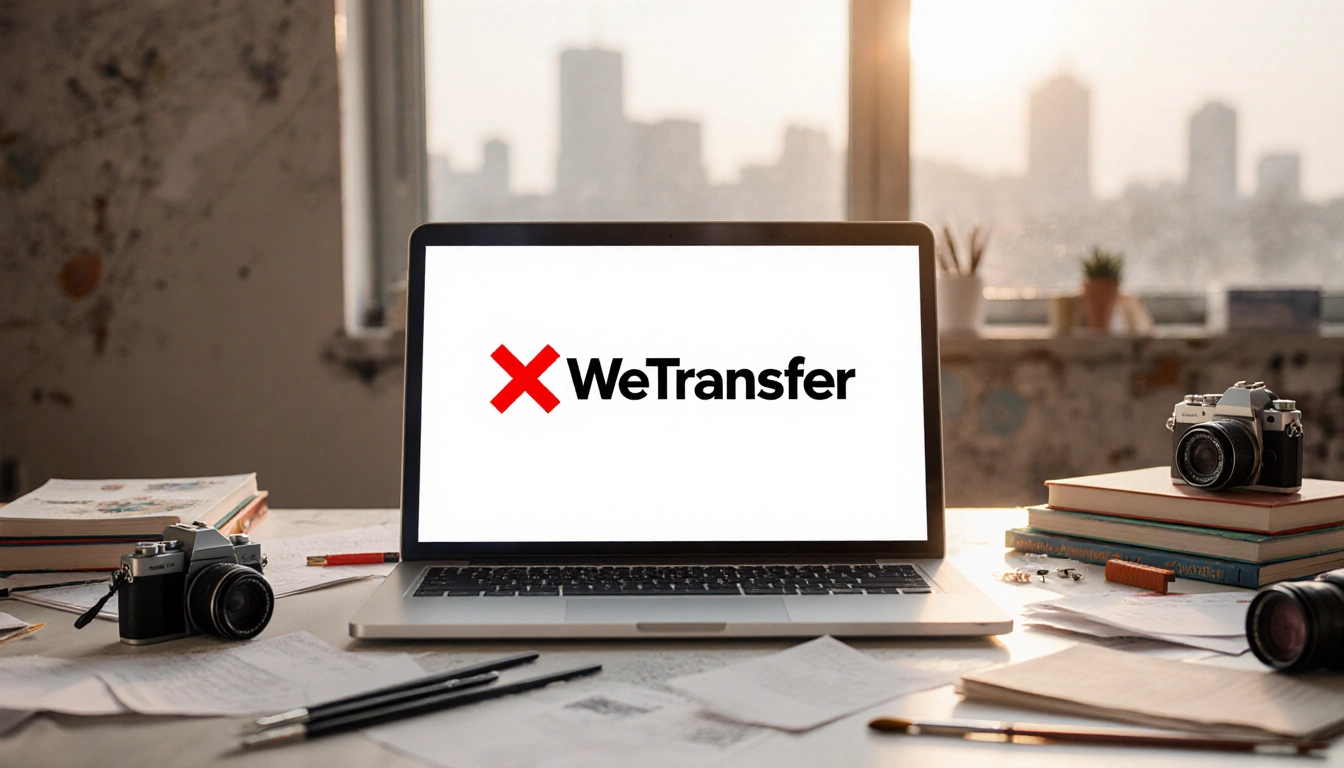 Laptop displays WeTransfer logo with red X on a minimalist desk with scattered creative tools and a blurred cityscape behind