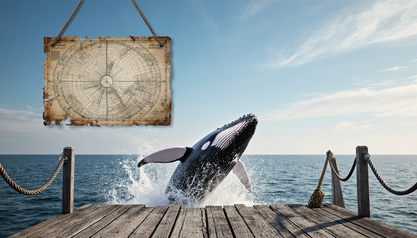 Gray whale breaches ocean surface with massive splash near weathered dock and hanging navigation chart