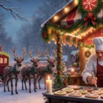 Chef piping intricate cookie designs onto a tray with warm candlelight and twinkling string lights in a snowy market stall