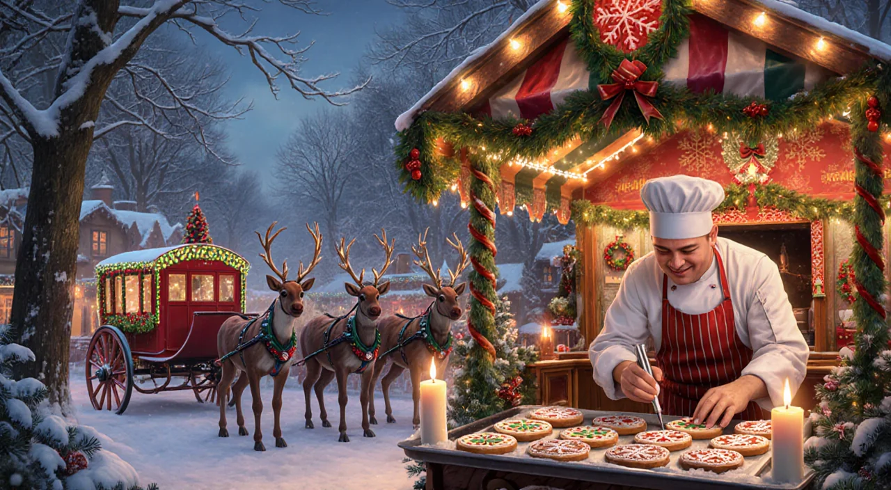 Chef piping intricate cookie designs onto a tray with warm candlelight and twinkling string lights in a snowy market stall