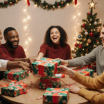 Friends pass a wrapped gift around a table with twinkling lights and a small Christmas tree creating a festive gift exchange