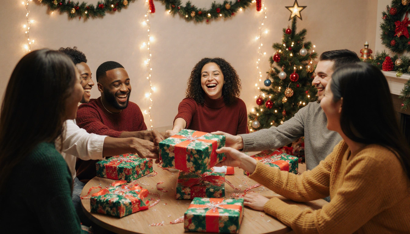 Friends pass a wrapped gift around a table with twinkling lights and a small Christmas tree creating a festive gift exchange