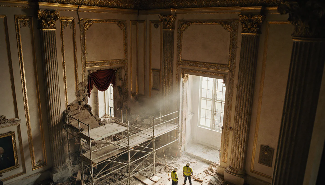 Workers in hard hats stand amid scaffolding in the White House ballroom with golden glow and ornate moldings