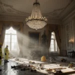 Workers in hazmat suits guard the construction site in the White House ballroom with a half‑finished chandelier hanging overh