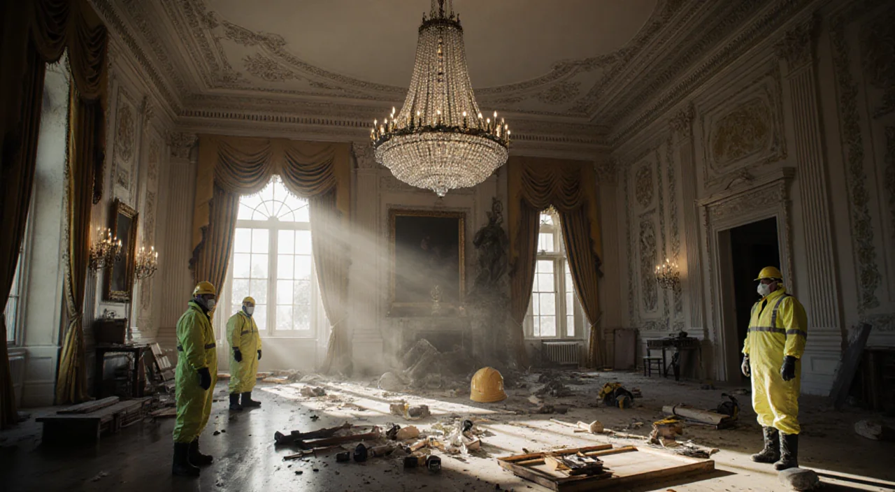 Workers in hazmat suits guard the construction site in the White House ballroom with a half‑finished chandelier hanging overh