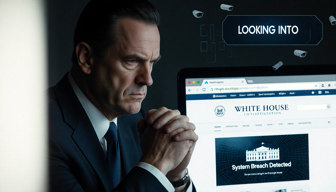 Government official contemplating with dim lighting and a computer screen showing 'System Breach Detected' on White House sit