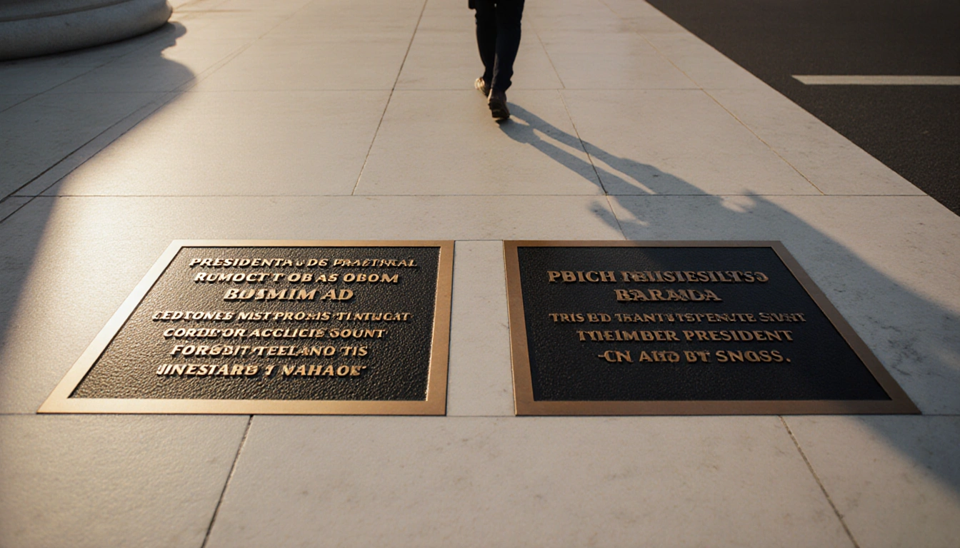 Tourist standing near two metallic plaques mocking Obama and Biden on white marble colonnade with golden gradient background