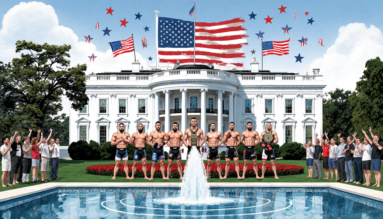 UFC champions fight on White House steps with patriotic flags and reflected facade in pool