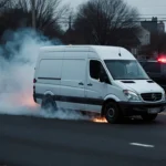 White van speeding away with a gray smoke haze and police lights flashing nearby