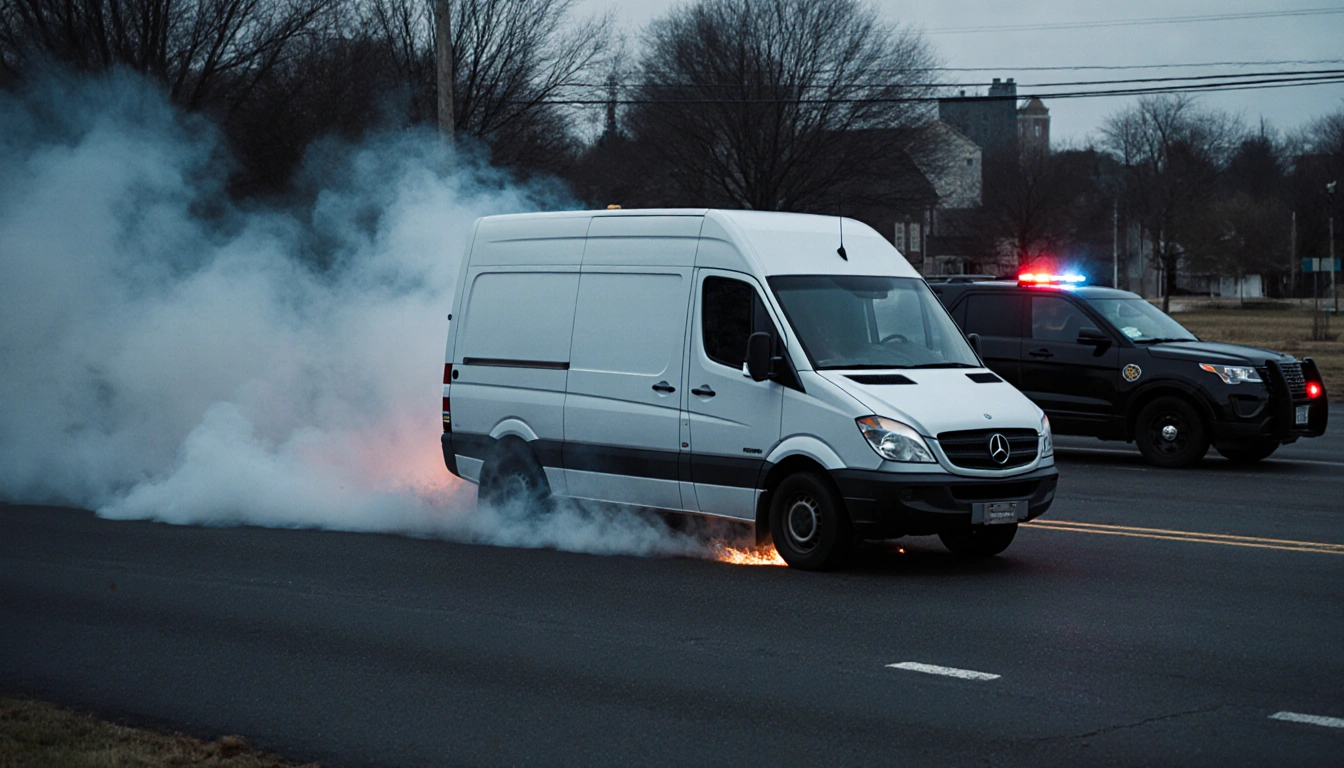White van speeding away with a gray smoke haze and police lights flashing nearby